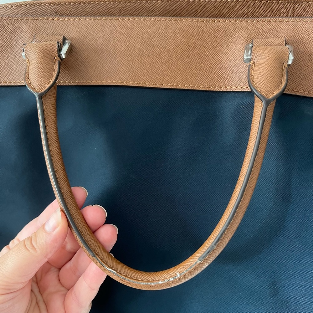 Michael Kors Colgate 2-Way Navy Blue Nylon Tote Bag Leather Trim double Handle - Picture 5 of 11